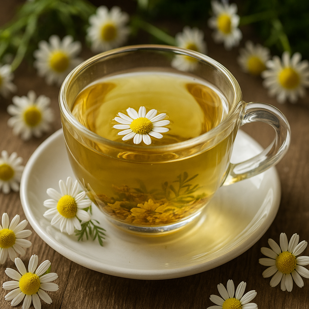 Infusión de manzanilla caliente con flores de manzanilla secas, beneficios y propiedades naturales para la salud.