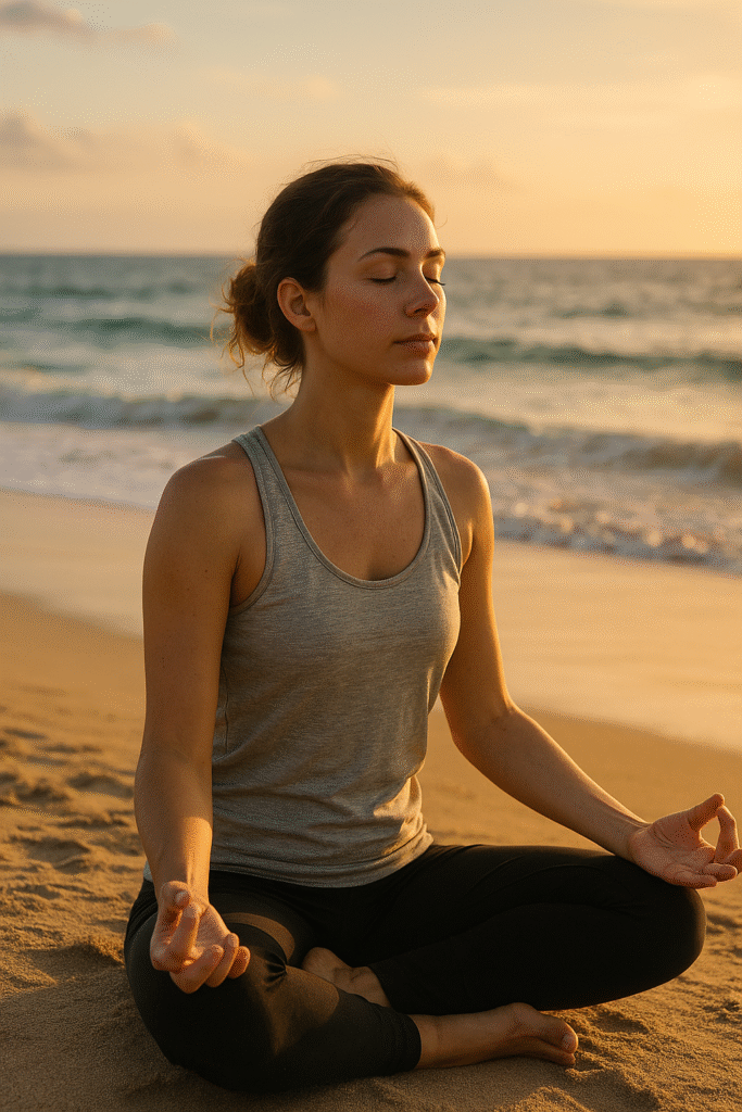 Cómo reducir el estrés. Persona meditando en la playa al atardecer, remedio natural para reducir el estrés y calmar la mente.