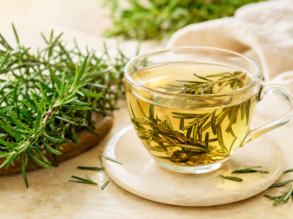 Infusión de romero natural preparada con hojas frescas para bienestar digestivo