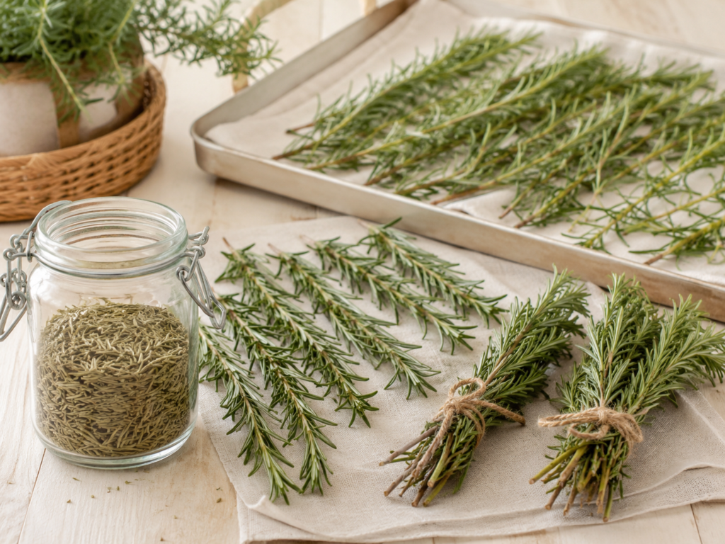 Proceso casero para secar romero fresco y conservarlo para infusiones