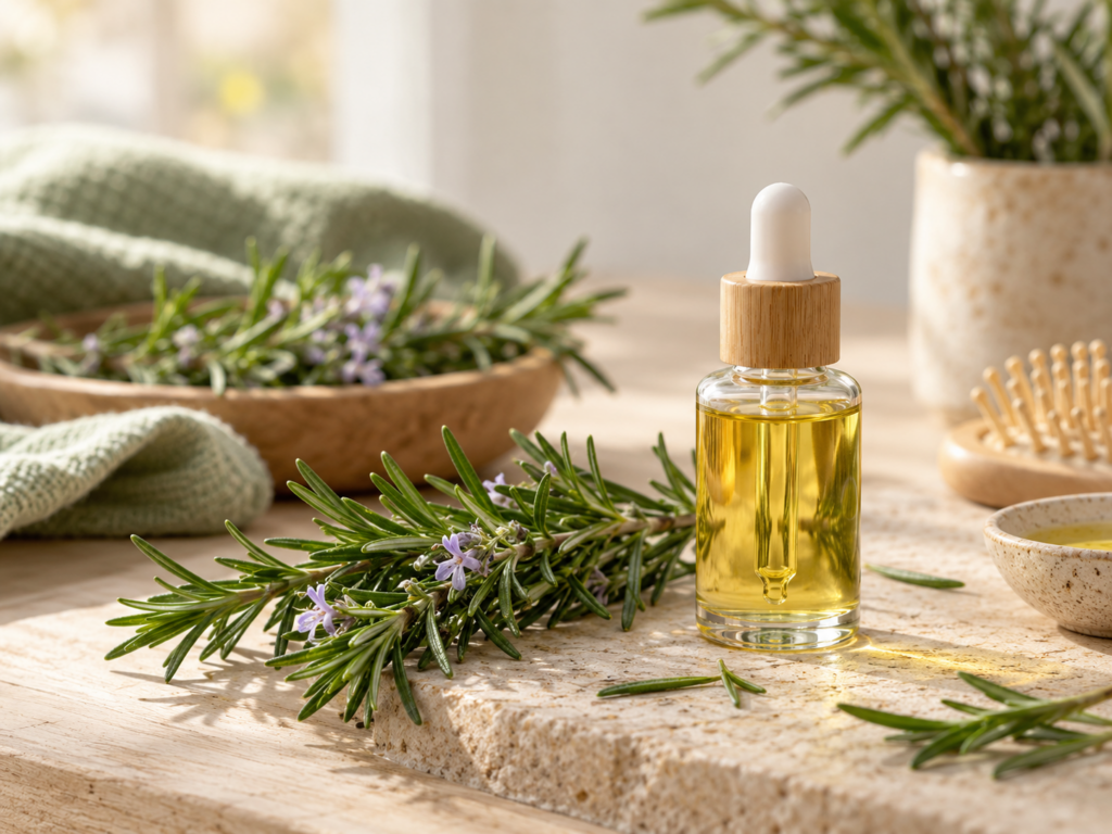 Aceite de romero para el pelo junto a ramas de romero fresco