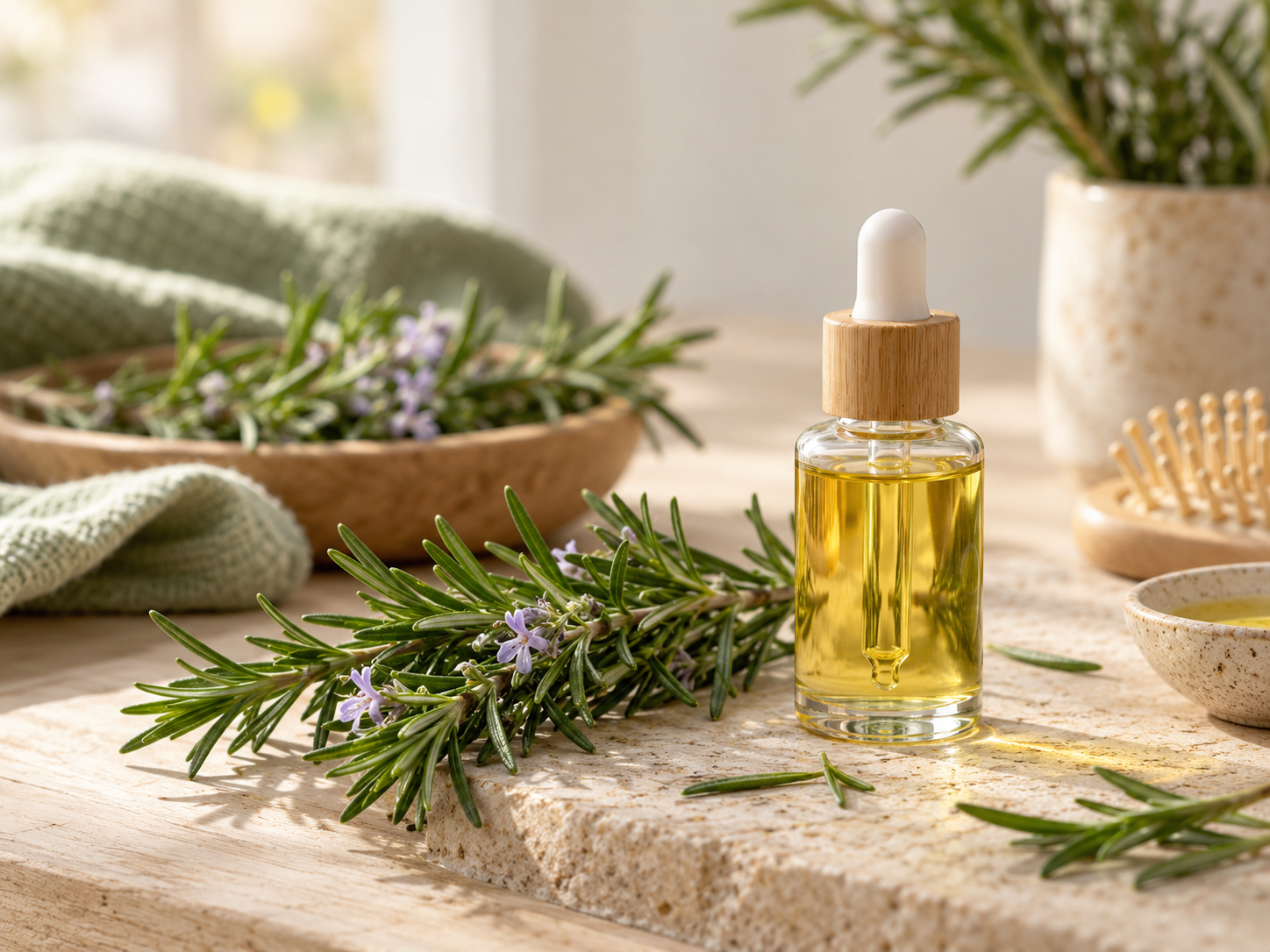 Aceite de romero para el pelo junto a ramas de romero fresco
